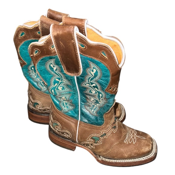 RedHawk Boot Co. Kids Wide Square Toe Cowgirl Boots in Turquoise/Brown size 2 - Picture 2 of 10